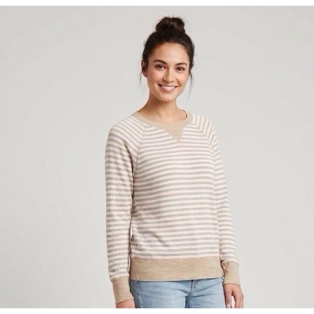 LL Bean L Sweater Striped Tan White Organic Cotton Coastal Beach Cruise Preppy